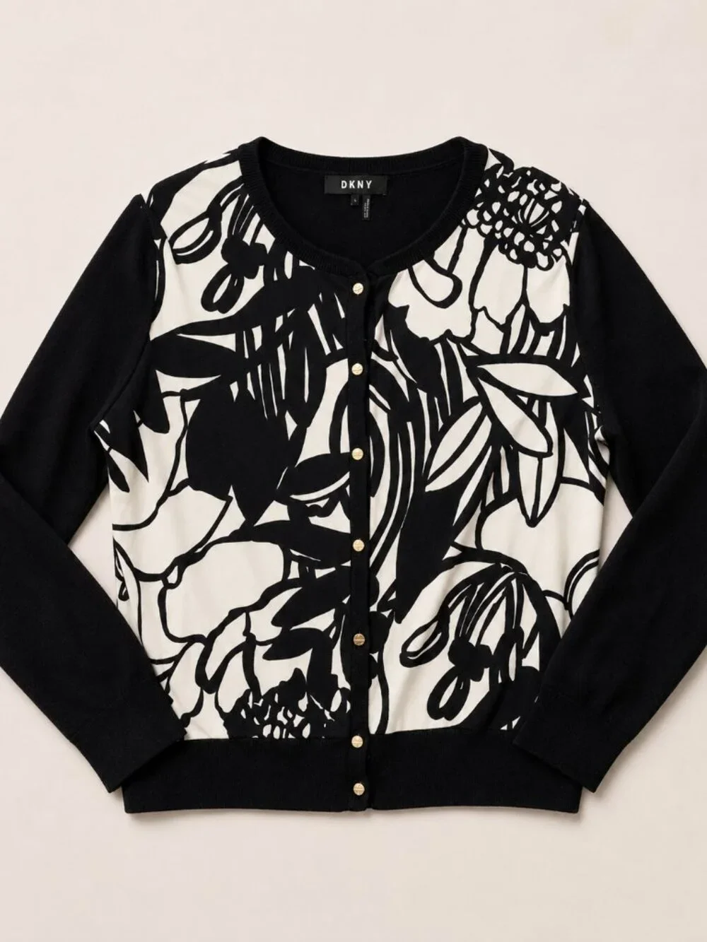 DKNY Black and White Floral Cardigan Women's Large